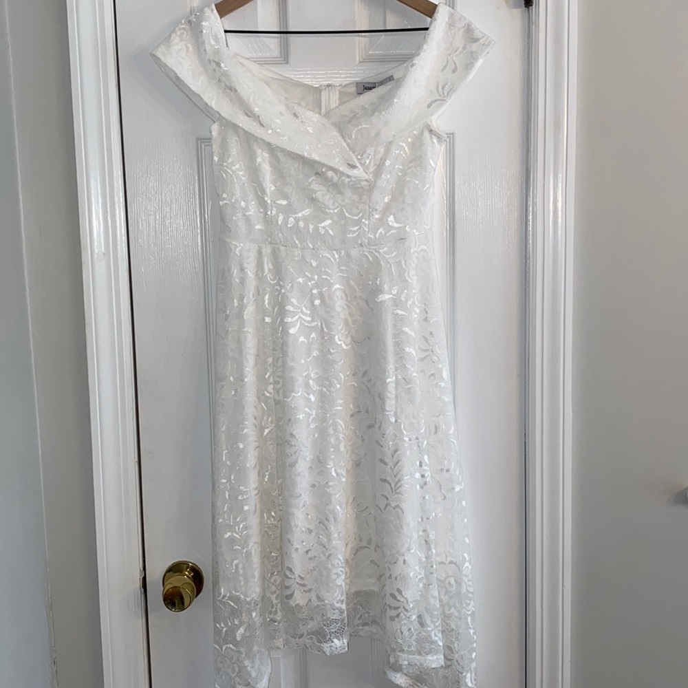 Jasambac white lace off the shoulder dress asymmetrical hem Size S - Picture 4 of 7